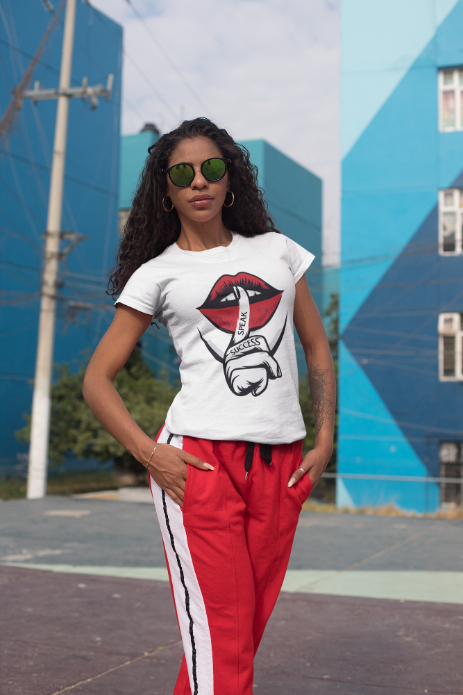 woman wearing speak success t shirt 